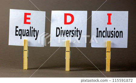 EDI equality diversity inclusion symbol. Concept words EDI equality diversity inclusion on white paper on beautiful grey background. Business EDI equality diversity inclusion concept. Copy space. 115591872