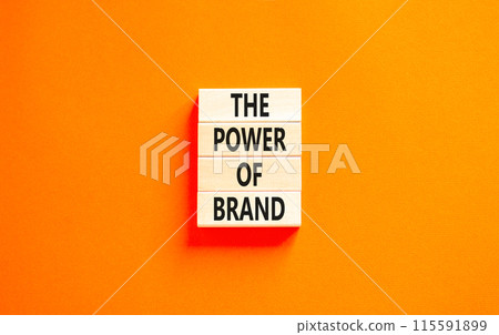 The power of brand symbol. Concept words The power of brand on beautiful wooden block. Beautiful orange table orange background. Business the power of brand concept. Copy space. 115591899