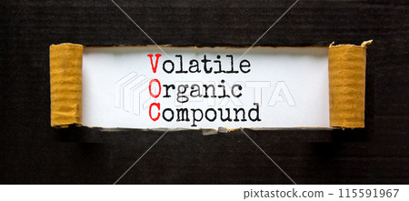 VOC volatile organic compound symbol. Concept words VOC volatile organic compound on beautiful white paper. Beautiful black background. Business VOC volatile organic compound concept. Copy space. 115591967