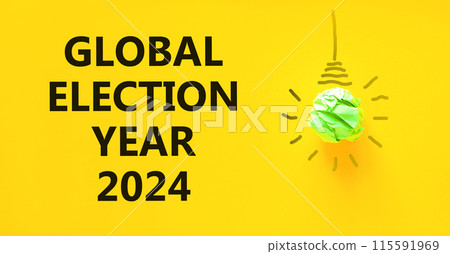 Global election year 2024 symbol. Concept words Global election year 2024 on beautiful yellow paper. Beautiful yellow background. Light bulb icon. Business Global election year 2024 concept Copy space Global election year 2024 symbol. Concept words Global election year 2024 on beautiful yellow paper. Beautiful yellow background. Light bulb icon. Business Global election year 2024 concept Copy space 115591969