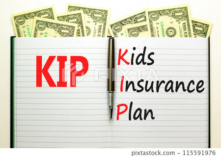 KIP kids insurance plan symbol. Concept words KIP kids insurance plan on beautiful white note. Dollar bills. Beautiful dollar bills background. Business KIP kids insurance plan concept. Copy space. KIP kids insurance plan symbol. Concept words KIP kids insurance plan on beautiful white note. Dollar bills. Beautiful dollar bills background. Business KIP kids insurance plan concept. Copy space. 115591976