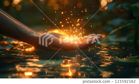 There is clean water in the palms of a person. The concept of the value of water resources, gratitude for the gifts of nature, World Water Day, World Environment Day, World Wildlife Day 115592162