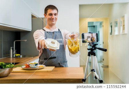 The chef is broadcasting live from workshop how to prepare a vegetarian chickpea porridge  115592244