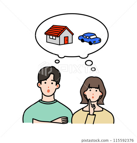 一對夫婦考慮房子和汽車的插圖 一對夫婦考慮房子和汽車的插圖 115592376