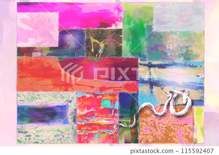 New Year's card, snake year, colorful, Reiwa 7, 2025, illustration, white snake, color oil painting New Year's card, snake year, colorful, Reiwa 7, 2025, illustration, white snake, color oil painting 115592407