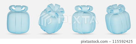3d gift boxes set with blue ribbon bow isolated on a white background. 3d render flying modern holiday closed surprise box. Realistic vector icon for present, birthday banners 3d gift boxes set with blue ribbon bow isolated on a white background. 3d render flying modern holiday closed surprise box. Realistic vector icon for present, birthday banners 115592425