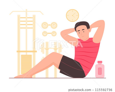 Healthy Young Man Doing Sit Up Exercise in Fitness Gym Room 115592736