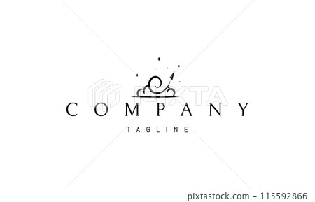 A vector logo featuring an abstract image a cloud from which an airplane is flying into the sky, with stars in the background. 115592866