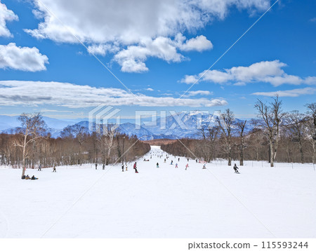 A ski resort in Kitashiobara Village, Fukushima Prefecture. View of Mount Bandai from the main street. 115593244