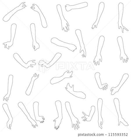 Female hand model illustration 04. A set of illustrations of women in various poses from fingertips to elbows. Outline version. 115593352