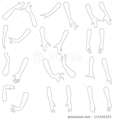 Female hand model illustration 01. A set of illustrations from the fingertips to the elbows of women in various poses. Contour version. Female hand model illustration 01. A set of illustrations from the fingertips to the elbows of women in various poses. Contour version. 115593355