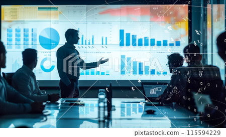 具有數據顯示、協作環境的未來商務會議 115594229