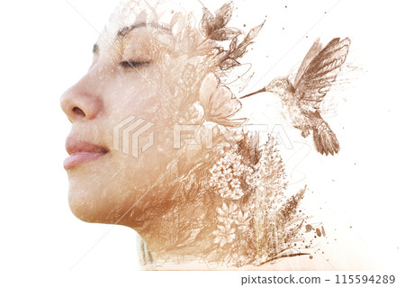 A humming bird paintography portrait of a woman with eyes closed 115594289