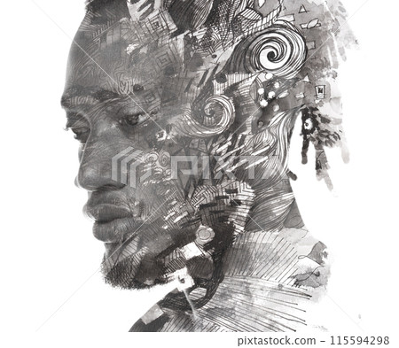 A black and white abstract art paintography portrait of a thoughtful man A black and white abstract art paintography portrait of a thoughtful man 115594298