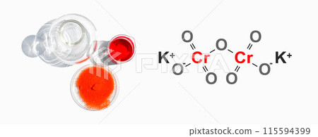 Potassium Dichromate in chemical watch glass place next to red liquid in beaker and Flat Bottom Flask. Top view. The structure of a chemical compound is shown on the side. 115594399