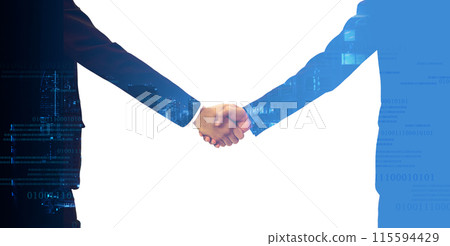 Two people in suits are shaking hands, symbolizing agreement and partnership, with a digital overlay background. 115594429