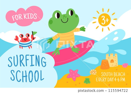 Animals on beach. Cute cartoon frog. Surfing school kids banner. Crab on sandy coast. Sea holidays. Summer sunny time. Happy froglet on surfboard. Ocean waves. Garish vector concept 115594722