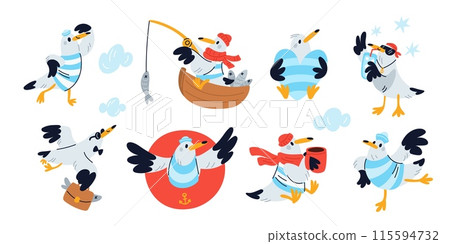 Cartoon seagull. Marine bird. Different poses and actions. Seabird in vest and hat. Ocean mascot in sailor costume. Sea fly animal fishing at boat. Happy water character. Garish vector set 115594732