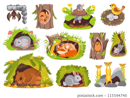Cute animals in holes. Cartoon nature creatures sleep in burrows. Owl in hollow tree. Gophers and bears dream in dens. Fauna characters. Forest mammals. Birds nest. Splendid vector set 115594740