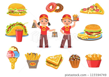 Fastfood restaurant. Little bistro workers. Boy and girl in uniform holding food packages. Cafe staff. Hotdog and fries potato. Cashier and waiter with meal tray. Splendid vector set 115594749