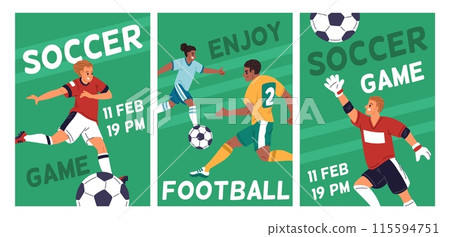 Football match cards. Soccer players kicking ball on stadium field. Dynamic poses of athletes. Championship invitations posters. Sport competition. Footballers playing. Garish vector set 115594751