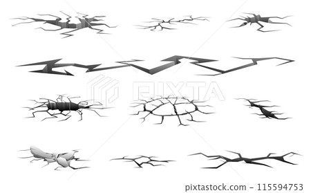 Ground cracks. Earthquake effects. Damaged surface. Holes in ruin floor. Destruction cleft. Road split. Grungy fissure. Land erosion. Wall wrecking. Damaged dried elements vector set 115594753
