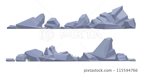 Rock piles. Cartoon stones and boulders compositions. Natural materials mounds. Mountain landscape pieces. Rocky formation. Cracked cobbles. Granite gravel. Geological shapes vector set 115594766