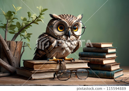 cute owl in glasses with books 115594889