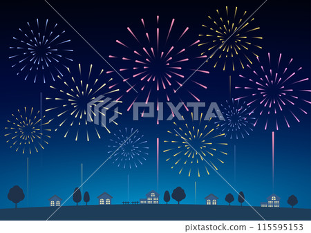 Fireworks in the night sky and cityscape at night 115595153