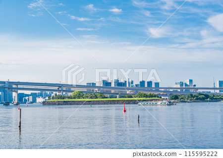 (東京)從台場海濱公園看到的水上巴士和彩虹橋 (東京)從台場海濱公園看到的水上巴士和彩虹橋 115595222