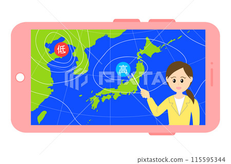 智慧型手機的插圖素材,其中女性天氣預報員解釋天氣預報 智慧型手機的插圖素材,其中女性天氣預報員解釋天氣預報 115595344