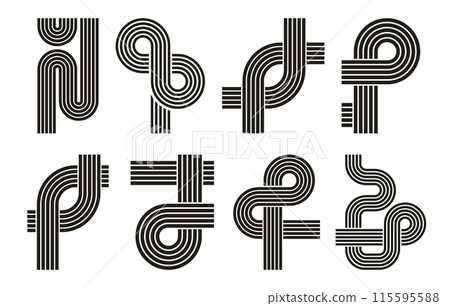 Abstract striped shapes. Retro striped arch and circles, vintage bauhaus figures flat vector illustration set. Modern memphis design elements 115595588