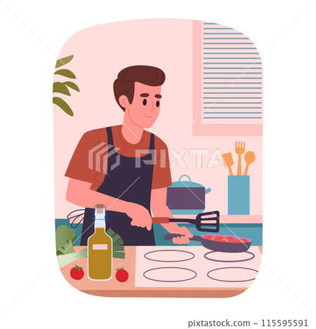 Cooking man. Male characters cooking tasty dishes at home, character preparing food at home flat vector illustration. Homemade meal preparation Cooking man. Male characters cooking tasty dishes at home, character preparing food at home flat vector illustration. Homemade meal preparation 115595591