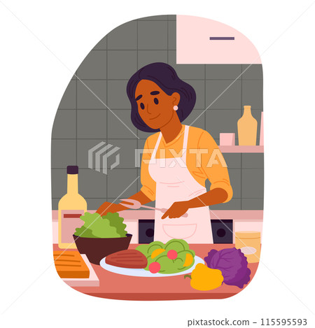 Cooking woman. Female characters cooking at home, tasty dishes, preparing food at home flat vector illustration. Homemade meal preparation 115595593