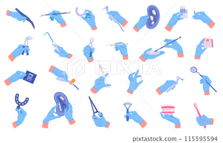 Dentist hands. Cartoon stomatologist hands in rubber gloves holding dental equipment, probes, dental tweezers and pliers flat vector illustration set. Dentist tools in doctors hands 115595594
