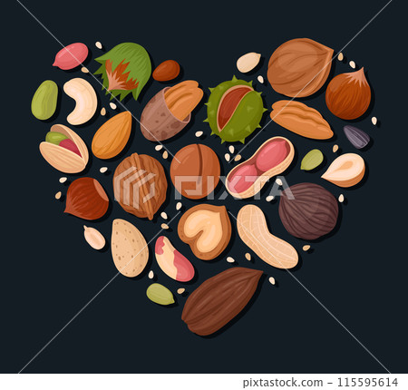Nuts heart shape frame. Raw nuts, pistachio, walnut, almond and hazelnut heart shape border frame flat vector illustration. Tasty nuts snacks frame 115595614