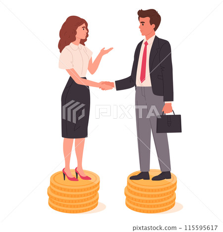 People shaking hands on dollar coins stacks. Businessman salary equality, financial well-being flat vector illustration. Colleagues revenue equality concept People shaking hands on dollar coins stacks. Businessman salary equality, financial well-being flat vector illustration. Colleagues revenue equality concept 115595617
