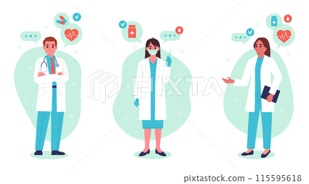 Professional medical workers. Male and female doctors, hospital professional staff flat vector illustration set. Medical doctors concept Professional medical workers. Male and female doctors, hospital professional staff flat vector illustration set. Medical doctors concept 115595618