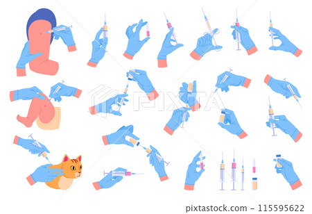 Vaccination set. Doctor hands holding syringes with vaccine, nurse hand palms wearing rubber gloves vaccinating adult, kid and pet flat vector illustration collection. Hands with syringe with vaccine Vaccination set. Doctor hands holding syringes with vaccine, nurse hand palms wearing rubber gloves vaccinating adult, kid and pet flat vector illustration collection. Hands with syringe with vaccine 115595622