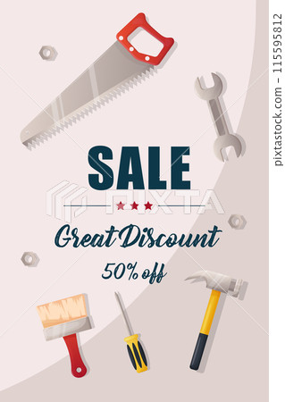 Banner, discount poster, sale, happy working day, white background and construction tools. 115595812