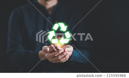 Man hand holding reduce reuse recycle symbol, Ecological and save the earth concept Man hand holding reduce reuse recycle symbol, Ecological and save the earth concept 115595966