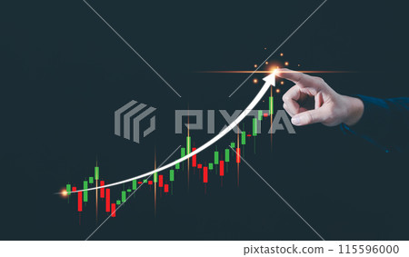 Close up of index finger pointing at peak of candlesticks chart on black background Close up of index finger pointing at peak of candlesticks chart on black background 115596000