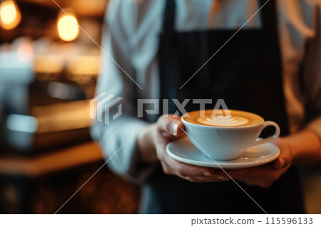 Waiter holding cup of coffee in cafe with morning light 115596133