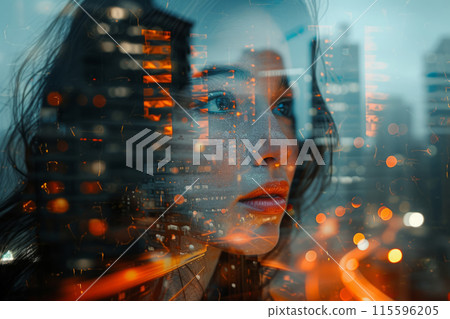 Double exposure portrait of woman with city skyline 115596205