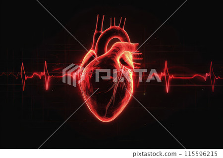 Human heart with cardio pulse line on abstract background 115596215