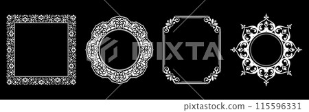 Set of decorative frames Elegant vector element for design in Eastern style, place for text. Floral black and white borders. Lace illustration for invitations and greeting cards. 115596331