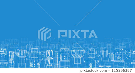 Mechanical engineering drawings on blue background. Tap tools, borer. Technical Design. Cover. Blueprint. Seamless pattern. Vector illustration. Mechanical engineering drawings on blue background. Tap tools, borer. Technical Design. Cover. Blueprint. Seamless pattern. Vector illustration. 115596397