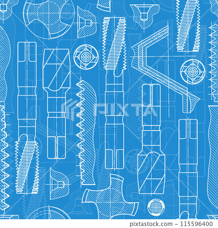 Mechanical engineering drawings on blue background. Tap tools, borer. Technical Design. Cover. Blueprint. Seamless pattern. Vector illustration. 115596400