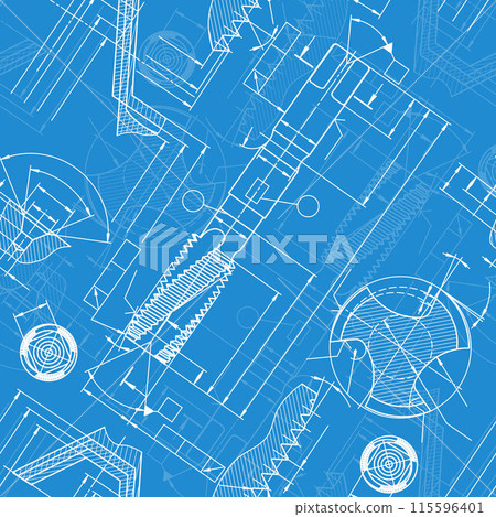 Mechanical engineering drawings on blue background. Tap tools, borer. Technical Design. Cover. Blueprint. Seamless pattern. Vector illustration. 115596401