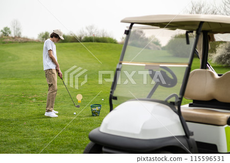Young guy exercising in playing golf and looking concentrated Young guy exercising in playing golf and looking concentrated 115596531